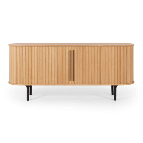 Palliser oak panelled sideboard with black oak legs on a white background, front view