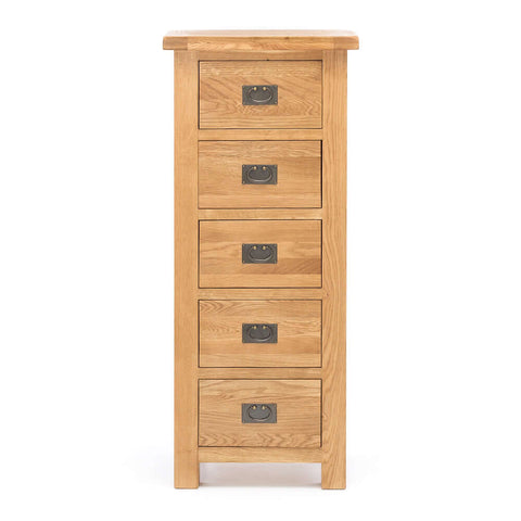 Salisbury five-drawer oak tallboy, angled view