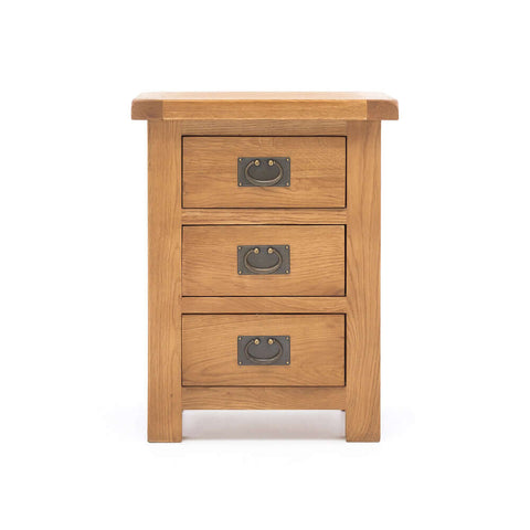 Salisbury oak three-drawer bedside, angled view