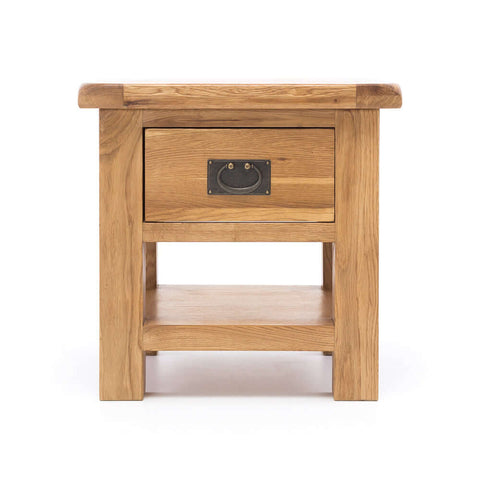 Salisbury oak lamp table with drawer, angled view