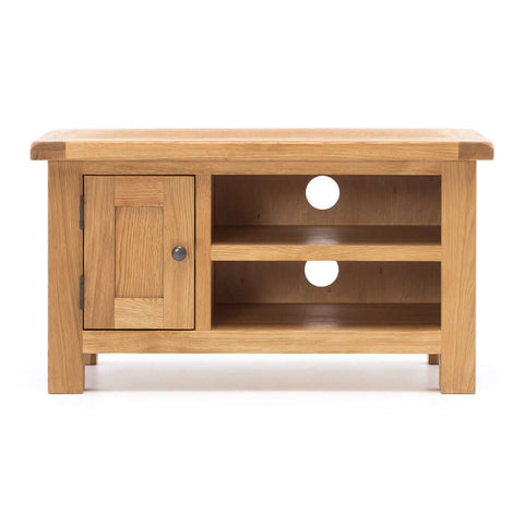 Salisbury mini oak entertainment unit, angled view