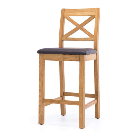 Salisbury oak bar stool with dark brown padded seat, angled view