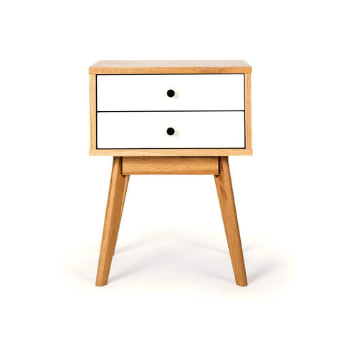 Radius white two-drawer bedside table, angled front view