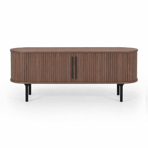 Palliser Walnut panelled TV Unit 1500mm with black oak legs on a white background, front view