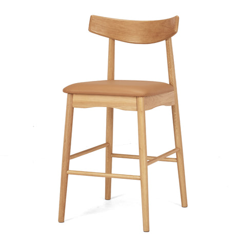 Natural oak barstool with a tan upholstered seat and curved backrest on a white background, shown from an angled view