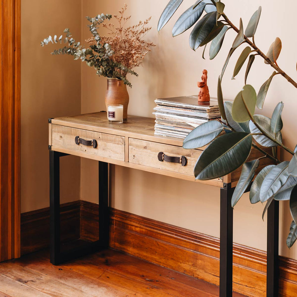 
                      
                        Eco-friendly Woodenforge Hall Table crafted from reclaimed timber with rustic design, featuring both style and sustainability.
                      
                    