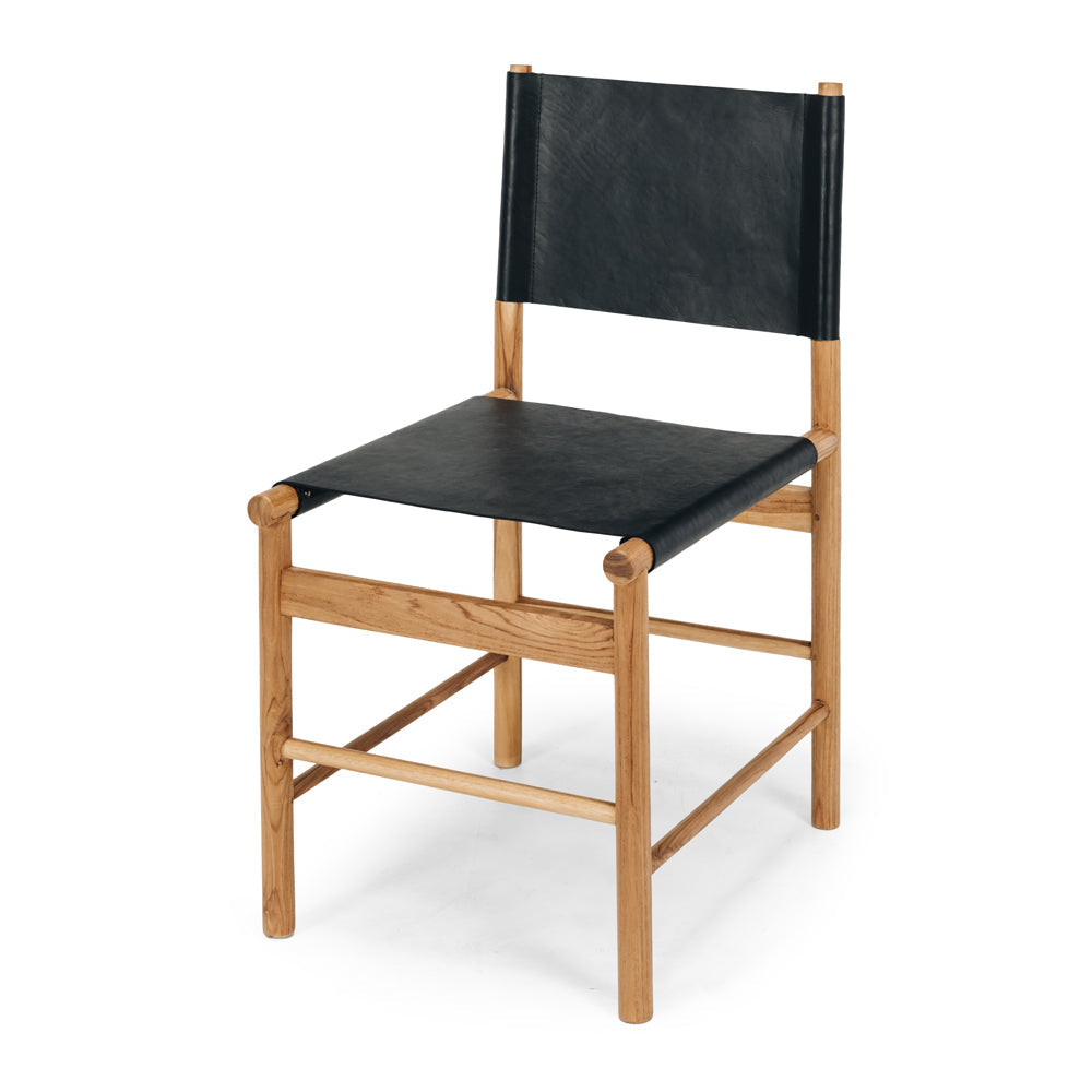 Ned teak dining chair with black leather seat, angled front view