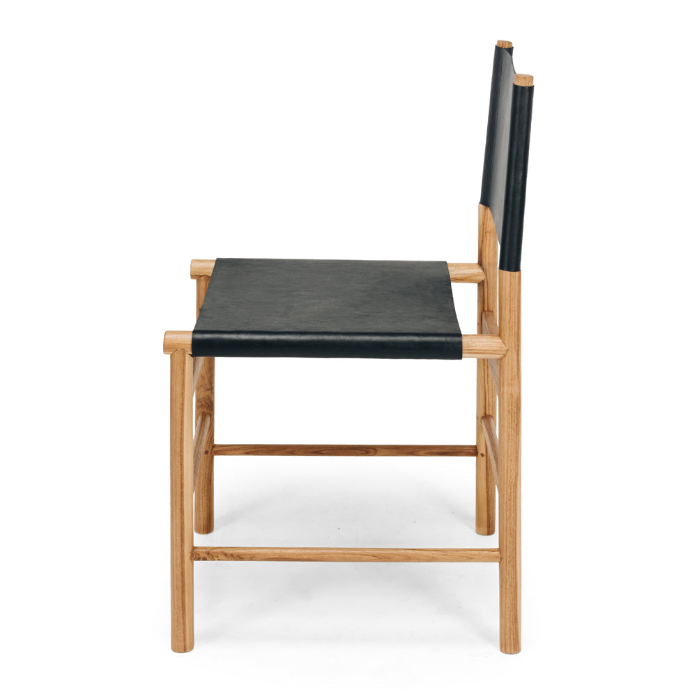 Ned teak dining chair with black leather seat, side profile