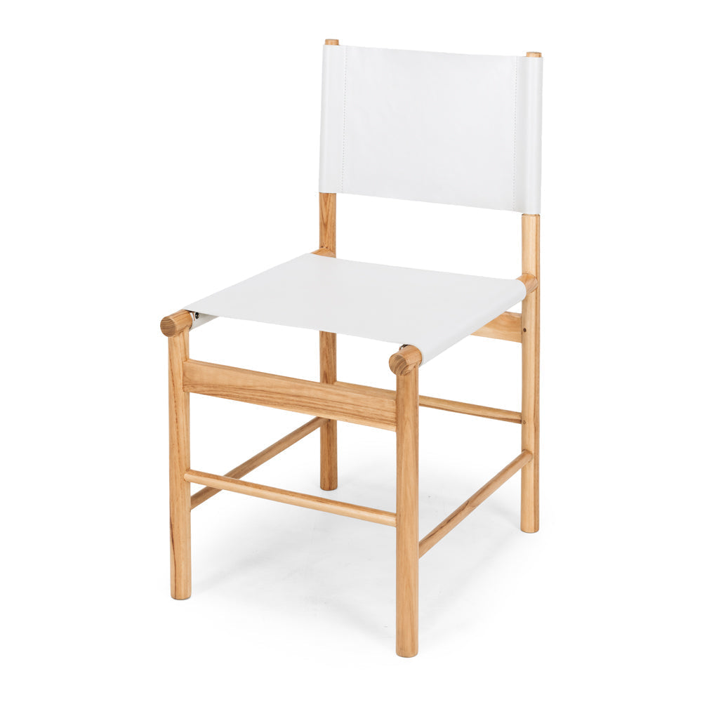 Ned teak dining chair with duck egg grey leather seat, angled front view