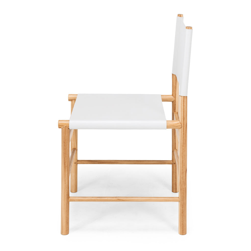 Ned teak dining chair with duck egg grey leather seat, side profile