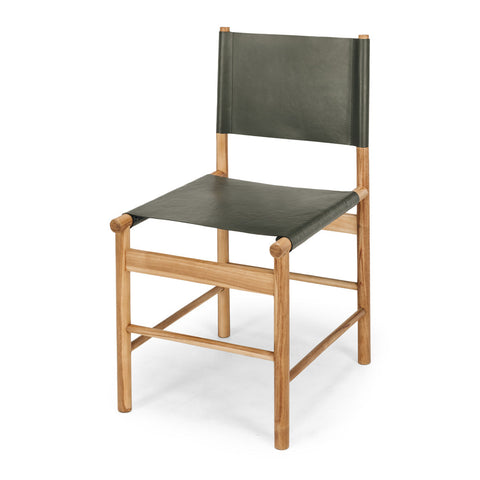 Ned teak dining chair with olive green leather seat, angled front view