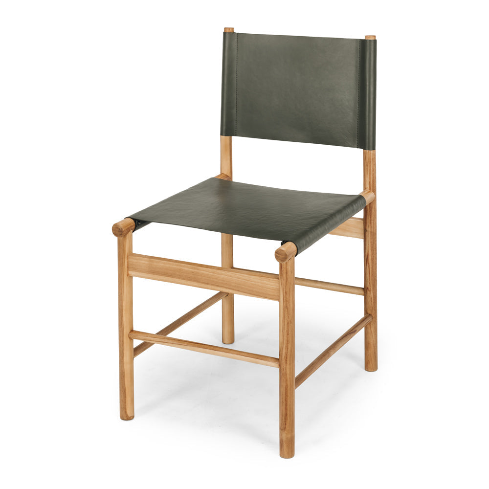 Ned teak dining chair with olive green leather seat, angled front view