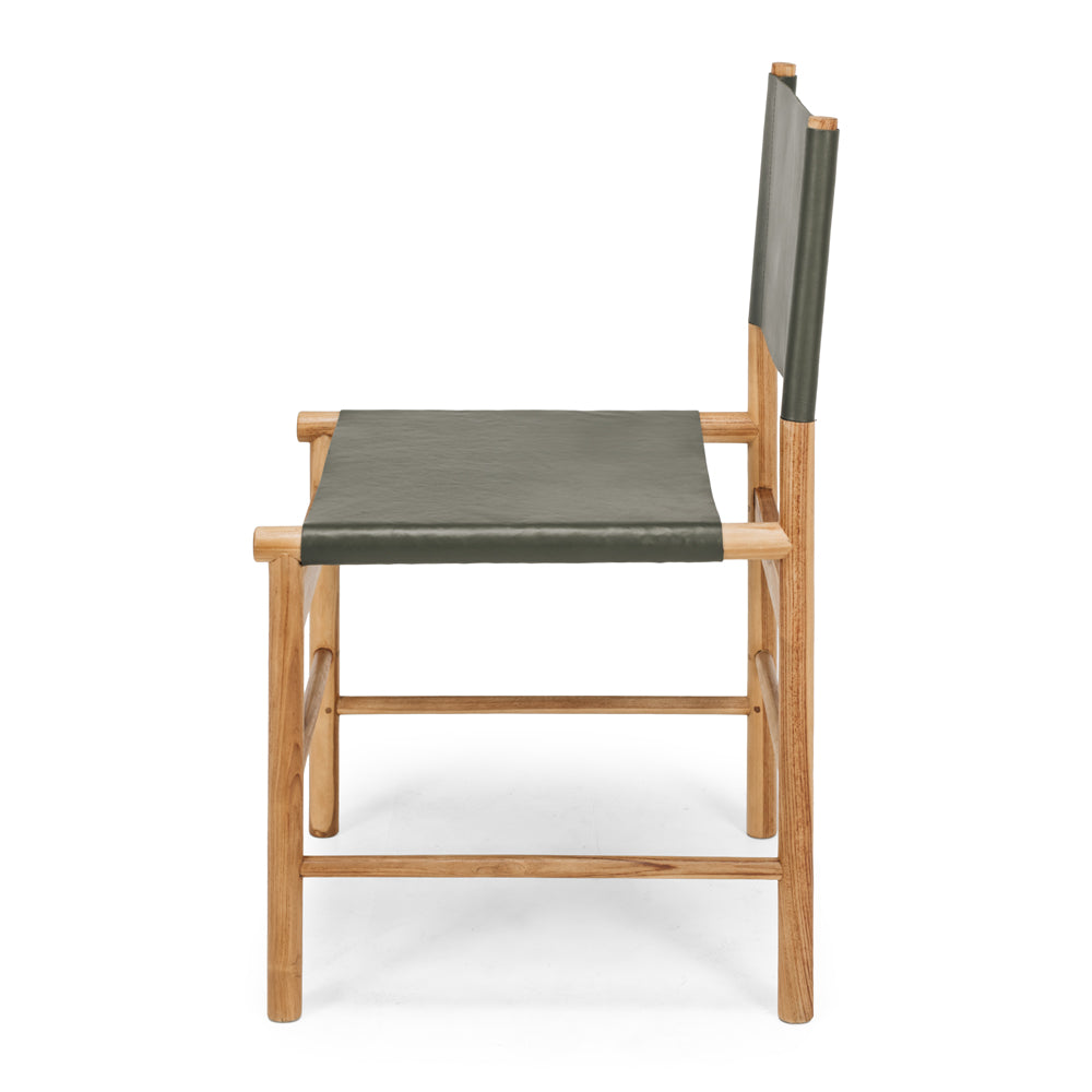 Ned teak dining chair with olive green leather seat, side profile