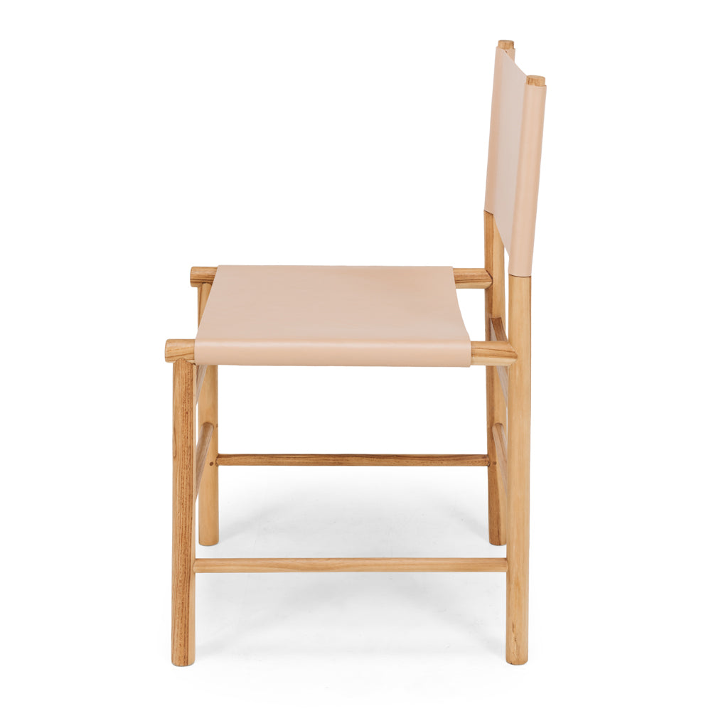Ned teak dining chair with plush pink leather seat, side profile
