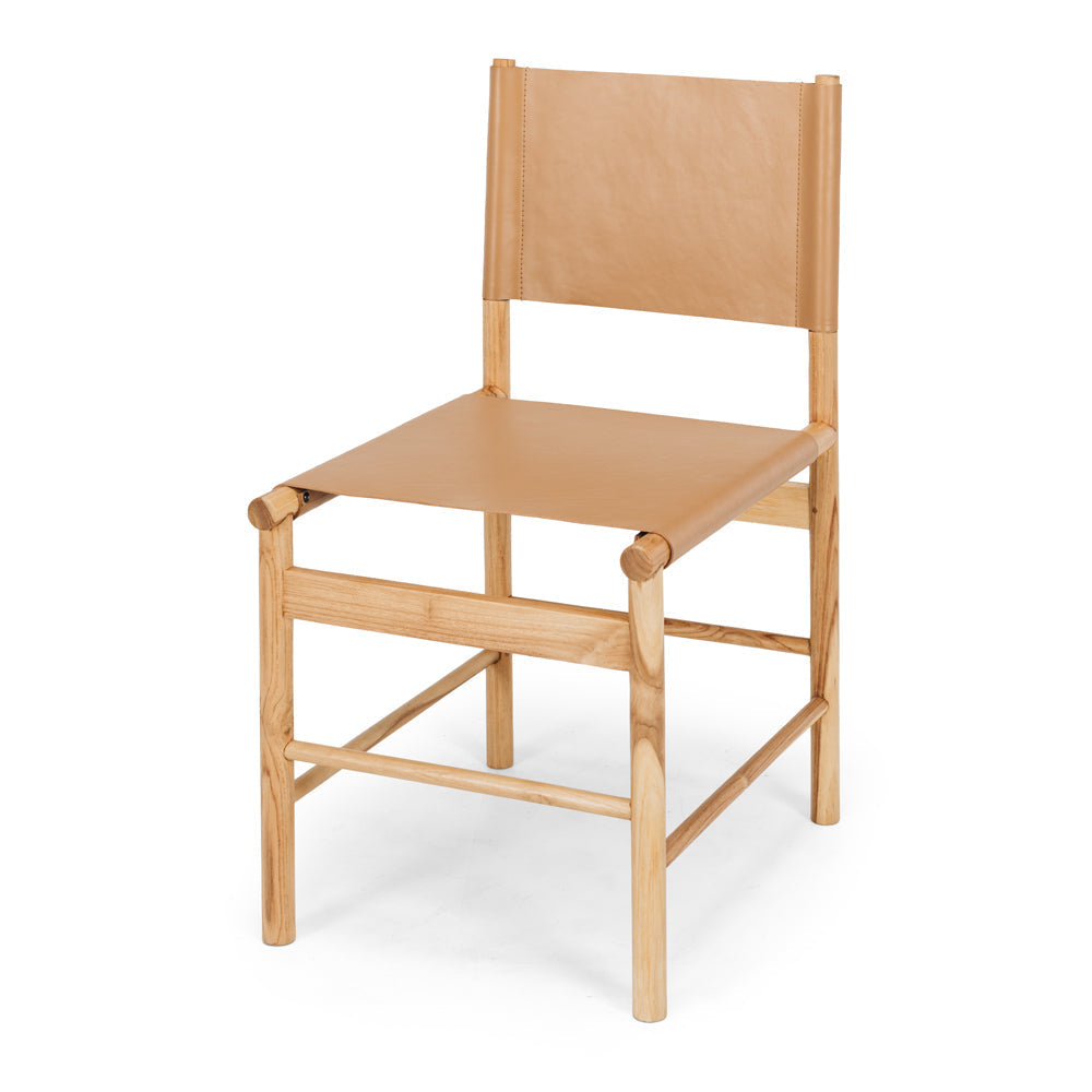 Ned teak dining chair with saddle brown leather seat, angled front view