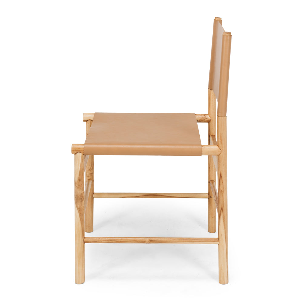 Ned teak dining chair with saddle brown leather seat, side profile