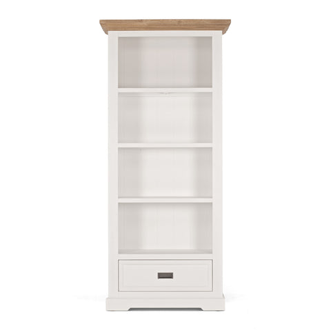 White bookcase with wooden top on a white background with black handles and one drawer from a front view