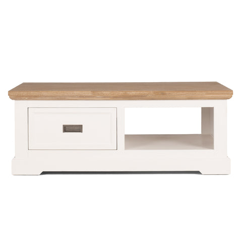 White coffee table with wooden top on a white background with black handles and one drawer from a front view