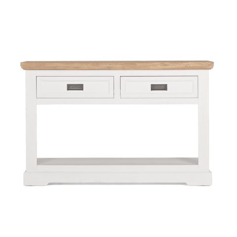 White console table with wooden top on a white background with black handles and two drawers from a front view
