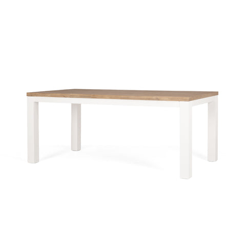 Soft white finished Acacia wood dining table with a natural, brushed Acacia wood top, on a white background, shown from an angled view