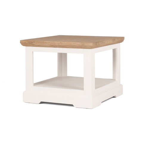 White finished Acacia wood lamp table with a natural, brushed Acacia wood top, on a white background, shown from an angled view