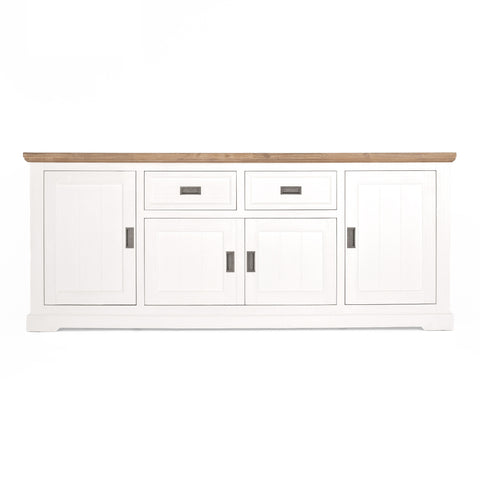 White sideboard with wooden top on a white background with black handles from a front view