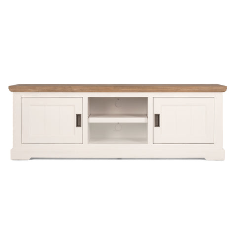 White tv unit with wooden top on a white background with black handles from a front view