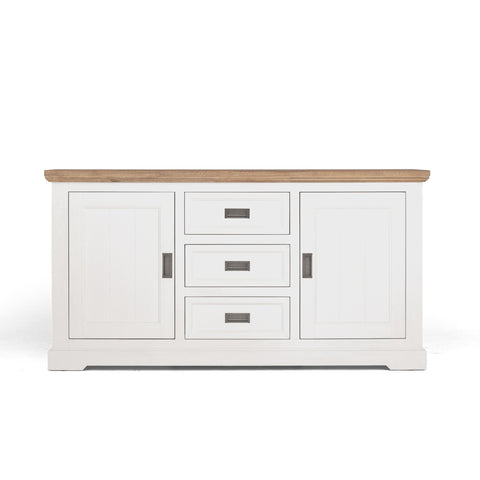 White sideboard with wooden top on a white background, view 1