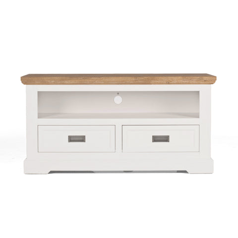 White tv unit with wooden top on a white background with black handles and 2 drawers from a front view