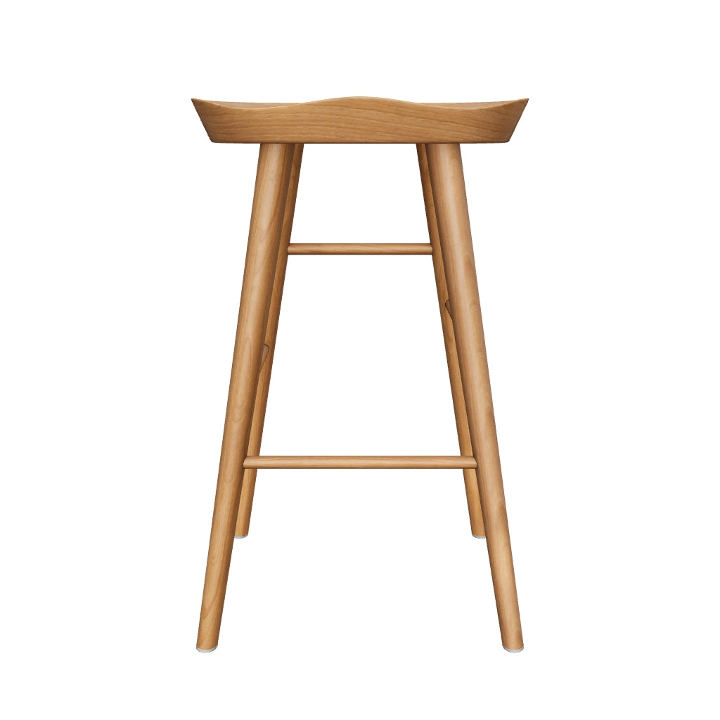 Fuji bar stool with natural woodgrain seat and A-line legs, inspired by Swiss tractor seats for rustic to modern spaces.