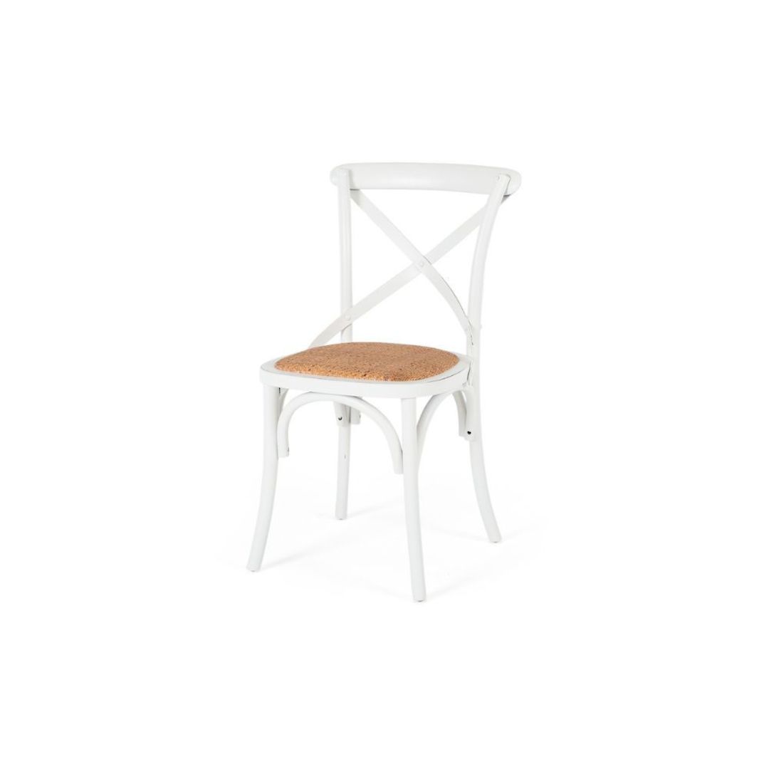 White Villa oak X-back dining chair with rattan seat, angled front view